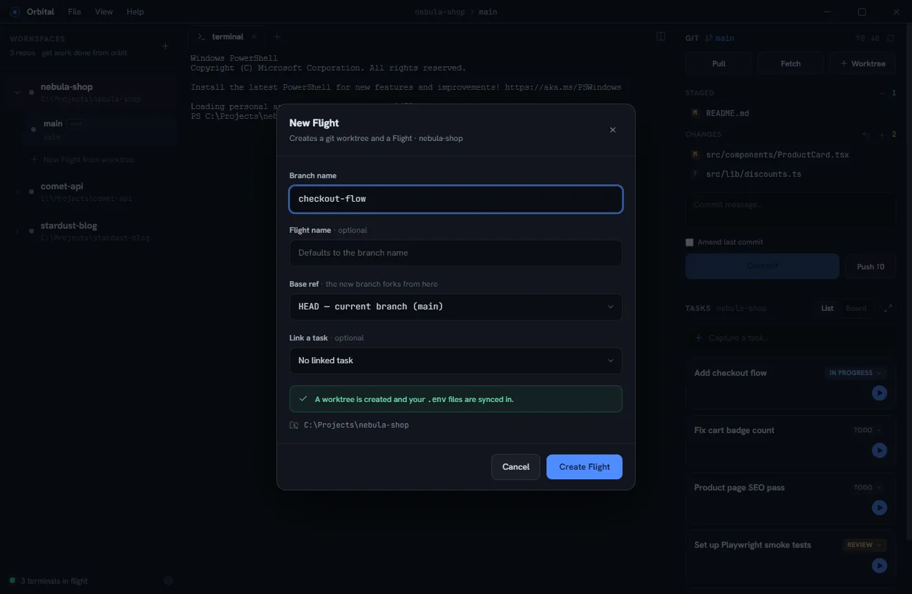 The New Worktree dialog with branch and base-ref fields