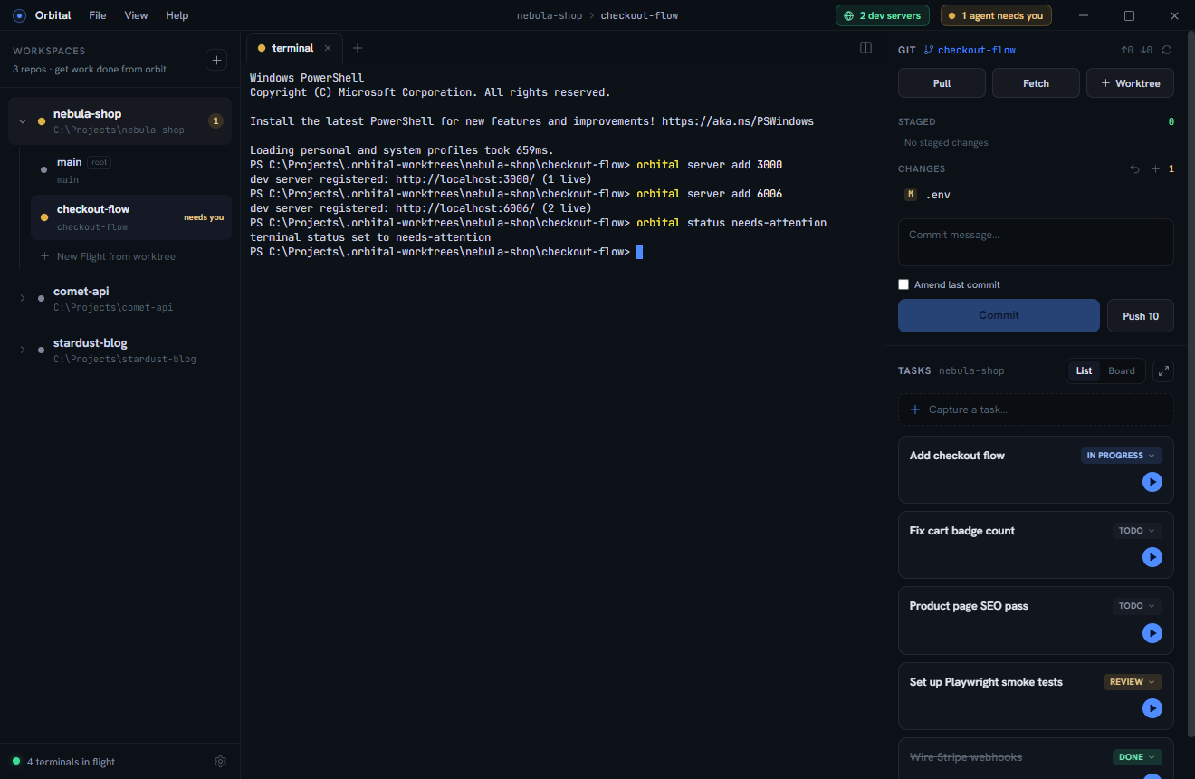 An agent needing attention: amber rail badge, title-bar banner, and live dev-server pill