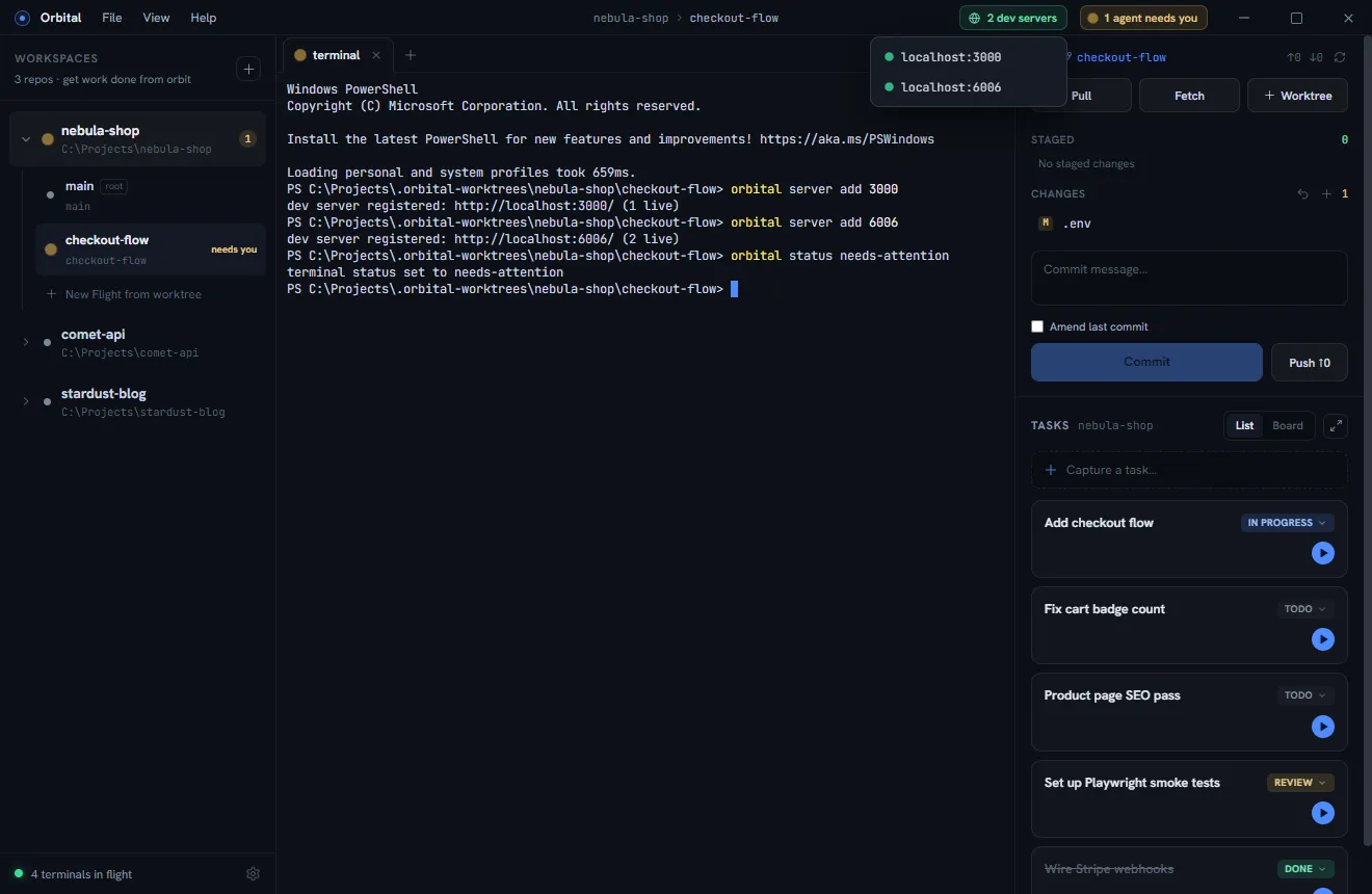 The dev-server pill and its dropdown