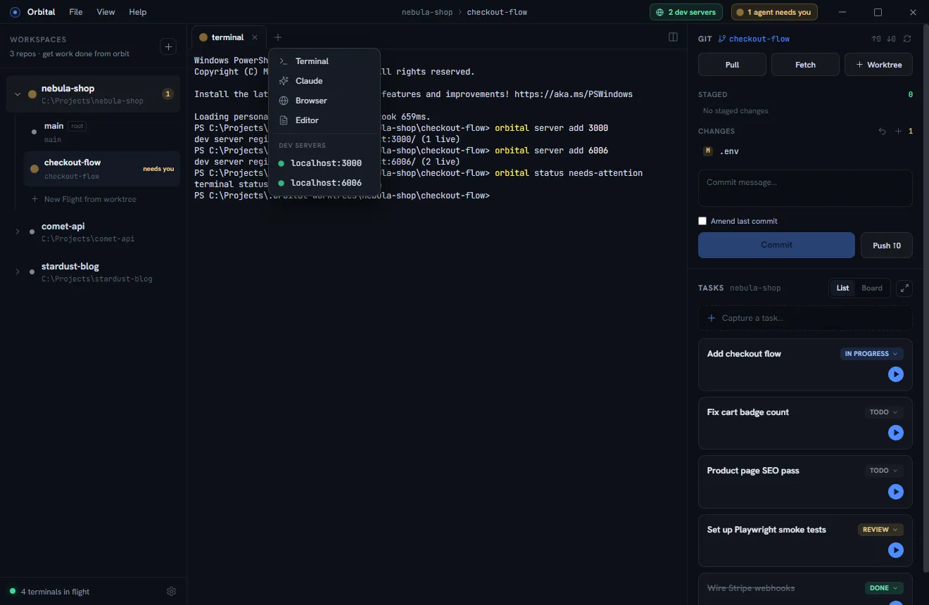 The add-tab menu: Terminal, Claude, Browser, Editor — plus live dev servers